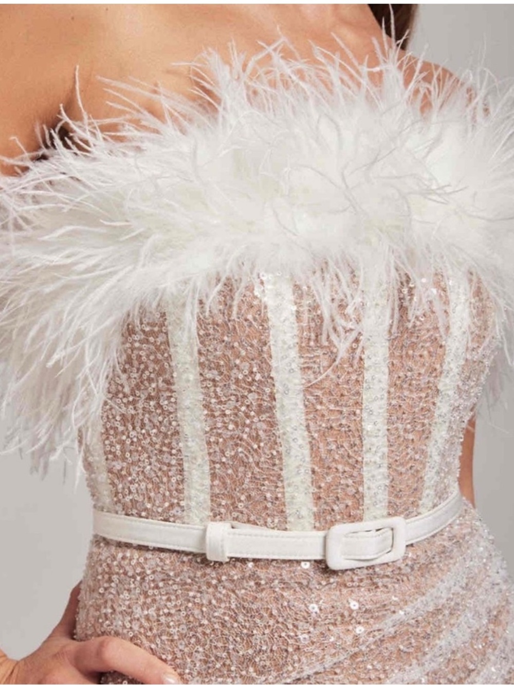 Nadine Merabi White Feather-Trim Strapless Sequin Mini Dress - Picture 2 of 6